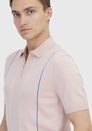 Pembe Polo Yaka Çizgili Pamuk Karışımlı Triko