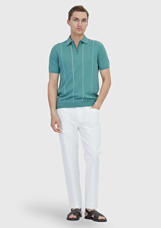 Yeşil Polo Yaka Çizgili Pamuk Karışımlı Triko