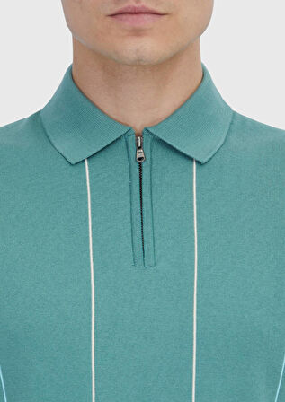 Yeşil Polo Yaka Çizgili Pamuk Karışımlı Triko