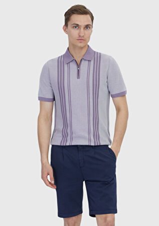 Lila Polo Yaka Çizgili Pamuk Karışımlı Triko