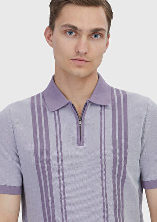 Lila Polo Yaka Çizgili Pamuk Karışımlı Triko