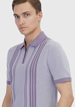 Lila Polo Yaka Çizgili Pamuk Karışımlı Triko