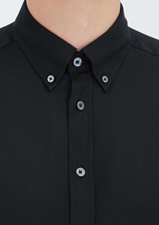 Siyah Düz Dokuma Casual Gömlek