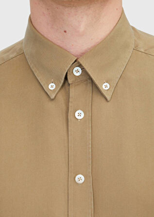 Yağ Yeşili Düz Dokuma Casual Gömlek