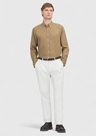 Yağ Yeşili Düz Dokuma Casual Gömlek