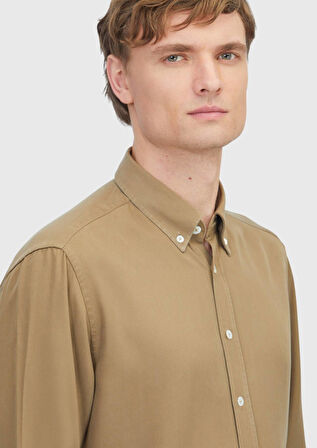 Yağ Yeşili Düz Dokuma Casual Gömlek