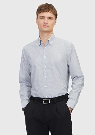 Gri Çizgili Casual Fit Dokuma Casual %100 Pamuk Gömlek