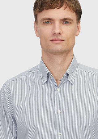 Gri Çizgili Casual Fit Dokuma Casual %100 Pamuk Gömlek