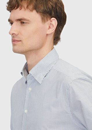 Gri Çizgili Casual Fit Dokuma Casual %100 Pamuk Gömlek