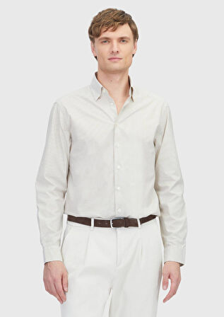 Hardal Çizgili Casual Fit Dokuma Casual %100 Pamuk Gömlek