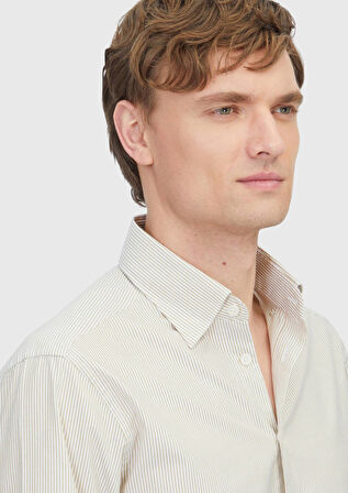 Hardal Çizgili Casual Fit Dokuma Casual %100 Pamuk Gömlek