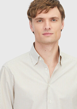 Hardal Çizgili Casual Fit Dokuma Casual %100 Pamuk Gömlek