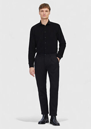 Siyah Düz Dokuma Kadife Casual %100 Pamuk Gömlek