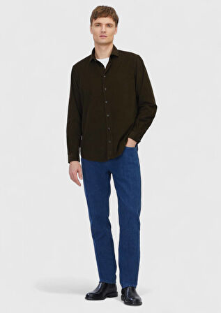 Haki Düz Dokuma Kadife Casual %100 Pamuk Gömlek