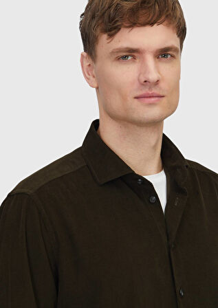 Haki Düz Dokuma Kadife Casual %100 Pamuk Gömlek