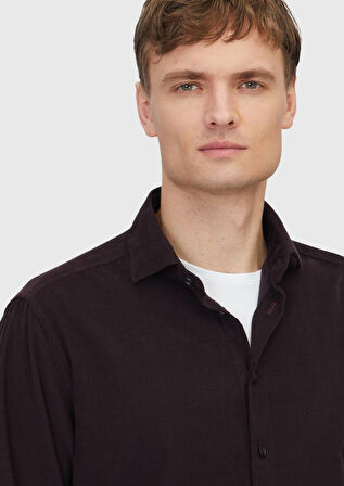 Mürdüm Düz Dokuma Kadife Casual %100 Pamuk Gömlek