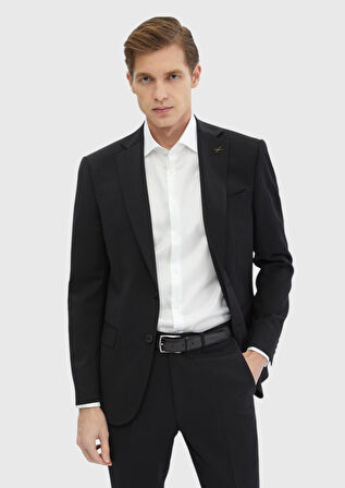 Siyah Düz Modern Fit %100 Yün Takım Elbise