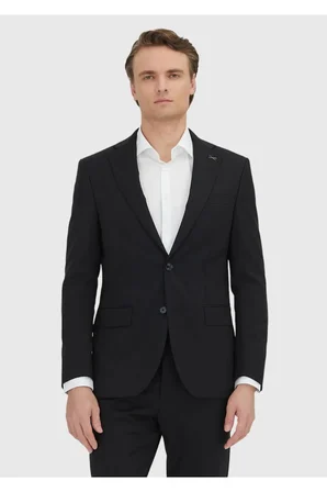 Siyah Düz Modern Fit %100 Yün Takım Elbise