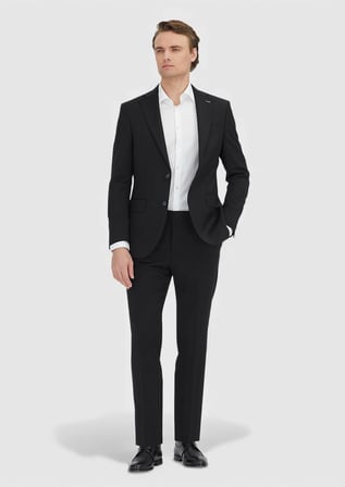 Siyah Düz Modern Fit %100 Yün Takım Elbise