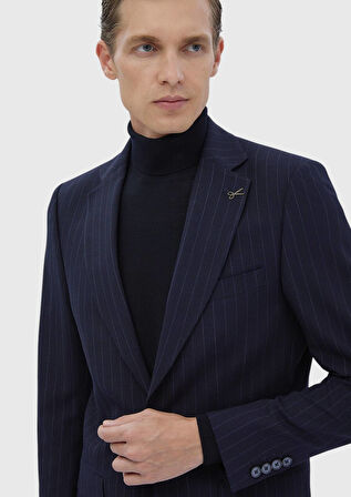 Lacivert Çizgili Thin&taller Slim Fit Yün Karışımlı Takım Elbise