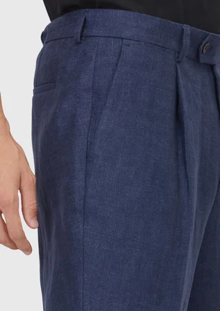 Açık Lacivert Dokuma Comfort Fit Casual %100 Keten Pantolon