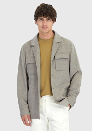 Bej Düz Regular Fit Dokuma %100 Yün Overshırt