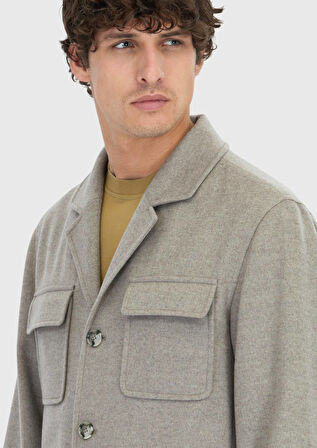 Bej Düz Regular Fit Dokuma %100 Yün Overshırt