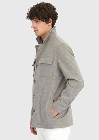 Bej Düz Regular Fit Dokuma %100 Yün Overshırt