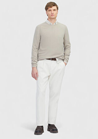 Bej Bisiklet Yaka Düz Örgü %100 Kaşmir Triko Kazak