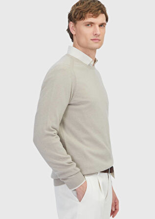 Bej Bisiklet Yaka Düz Örgü %100 Kaşmir Triko Kazak