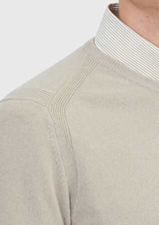 Bej Bisiklet Yaka Düz Örgü %100 Kaşmir Triko Kazak