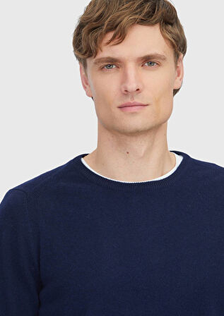 Lacivert Bisiklet Yaka Düz Örgü %100 Kaşmir Triko Kazak