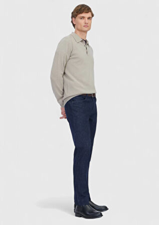 Bej Polo Yaka Düz Örgü %100 Kaşmir Triko Kazak