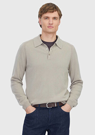 Bej Polo Yaka Düz Örgü %100 Kaşmir Triko Kazak