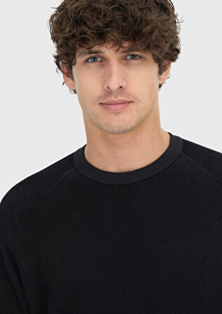 Siyah Bisiklet Yaka Selanik %100 Pamuk Triko Kazak