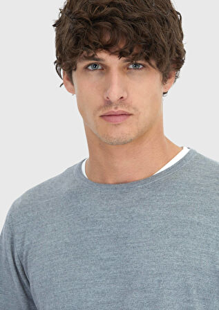 Gri Bisiklet Yaka Düz Örgü Yün Karışımlı Triko Kazak