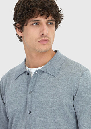 Gri Polo Yaka Düz Örgü Yün Karışımlı Hırka