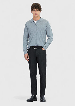 Gri Polo Yaka Düz Örgü Yün Karışımlı Hırka