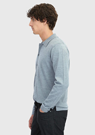 Gri Polo Yaka Düz Örgü Yün Karışımlı Hırka