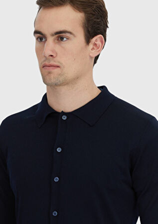 Lacivert Polo Yaka Düz Örgü Yün Karışımlı Hırka