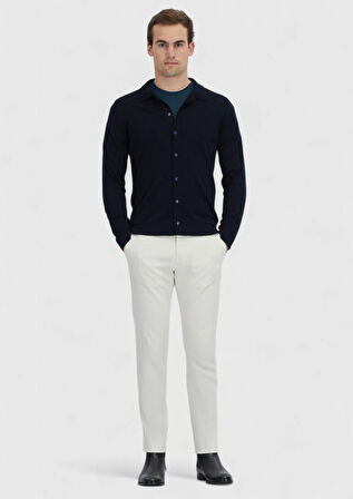 Lacivert Polo Yaka Düz Örgü Yün Karışımlı Hırka