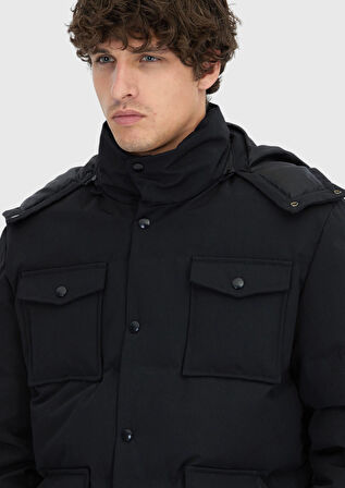 Siyah Regular Fit Kapüşonlu Casual Dokuma Mont