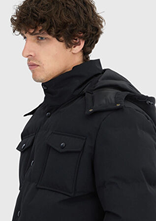 Siyah Regular Fit Kapüşonlu Casual Dokuma Mont