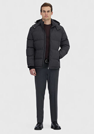 Antrasit Regular Fit Kapüşonlu Casual Dokuma Mont