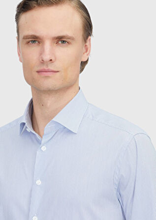 Lacivert Çizgili Regular Fit Dokuma Klasik Pamuk Karışımlı Gömlek