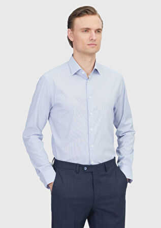Lacivert Çizgili Regular Fit Dokuma Klasik Pamuk Karışımlı Gömlek