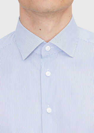 Lacivert Çizgili Regular Fit Dokuma Klasik Pamuk Karışımlı Gömlek