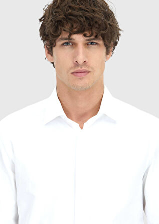 Beyaz Çizgili Regular Fit Dokuma Klasik %100 Pamuk Gömlek