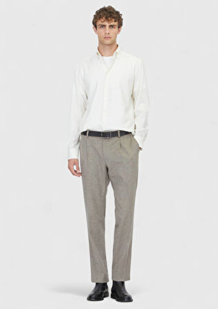 Ekru Düz Casual Fit Dokuma Casual İpek Karışımlı Gömlek