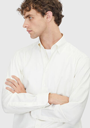 Ekru Düz Casual Fit Dokuma Casual İpek Karışımlı Gömlek
